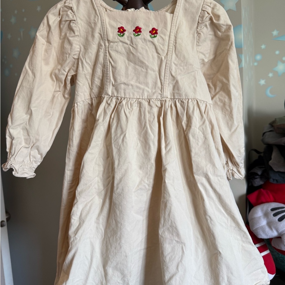 Cream Kids Dress with Floral Embroidery